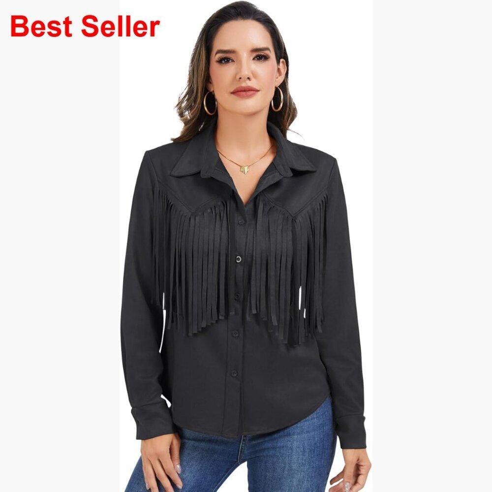 Faux Suede Leather Fringe Button-Down Shirt Long Sleeve Western Top